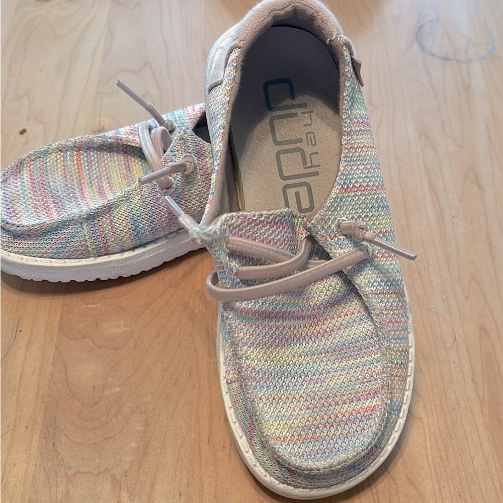 Kids size 11 hey dudes. Worn a handful of times. Pastel colors